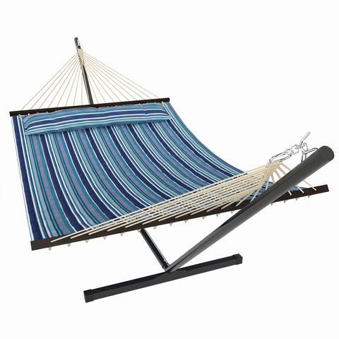Image of camping hammock - Hammock with Stand Heavy Duty Camping Hammock with Steel Frame for Patio Backyard Blue and White