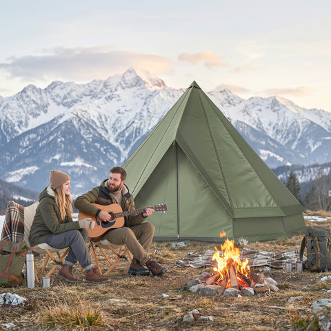 Image of Teepee Tent Waterproof Camping Tent with Stove Jack for 4-6 Person Outdoor Camping Hiking Army Green