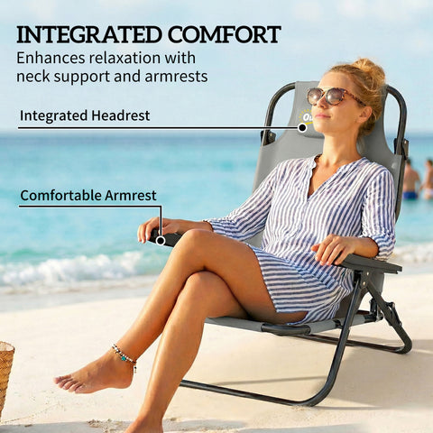 Image of Set of 2 Beach Chair 5-Position Adjustable Folding Camping Chair with Headrest Armrests Light Grey