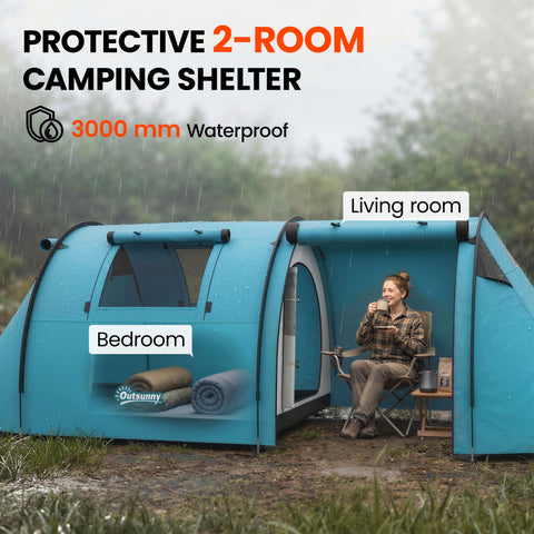 Image of 3-4 Person Camping Tent with 2 Rooms, 3000mm Waterproof Portable Family Tent with Carry Bag, Sky Blue