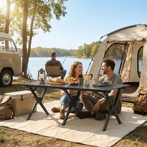 Image of 4ft Folding Camping Table, Waterproof Picnic Table with Roll Up Top and Metal Frame, Black