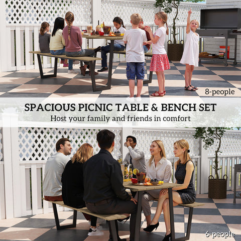 Image of 5.7 FT Outdoor Picnic Table with 2" Umbrella Hole, Spruce Wood Dining Table and 795 LBS Benches with Steel Frame, Brown
