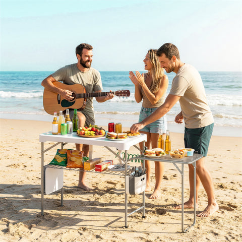 Image of Fish Cleaning Table Folding Sink Portable Camping Sink with Side Shelf & Bottom Rack for Outdoor White