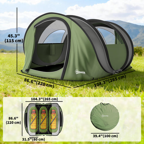 Image of Family Tent Pop-Up Camping Tent with 2 Doors 2 Windows for 4-5 Person Waterproof Green