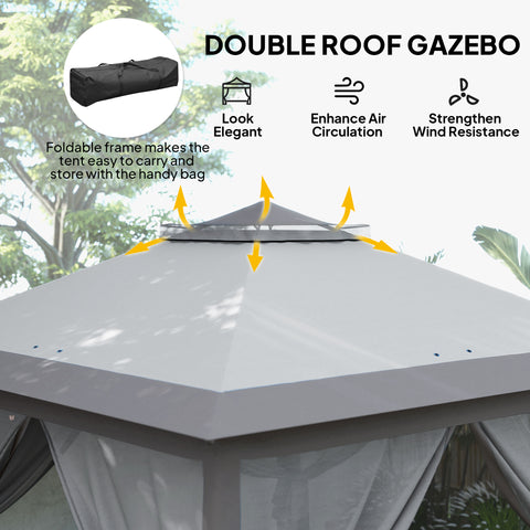 Image of 11' x 11' Pop Up Gazebo, Double Roof Foldable Height Adjustable Canopy Tent with Mesh Sidewalls, Carrying Bag, Grey
