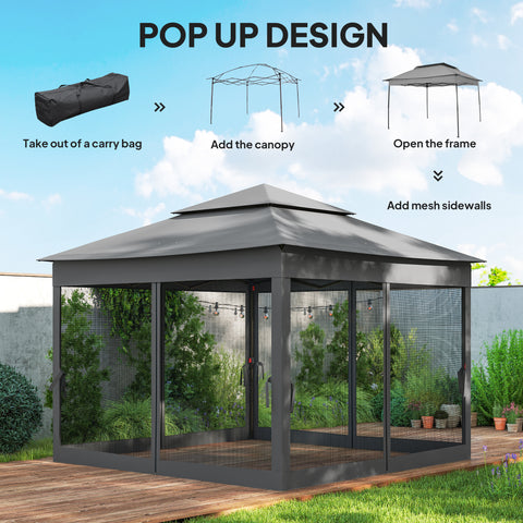 Image of 11' x 11' Pop Up Canopy 2-Tier Soft Top Shelter Event Tent w/ Netting Carry Bag for Patio Backyard Garden, Dark Grey