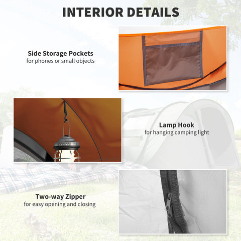 Image of 4 Person Camping Tent, Easy Pop Up Tent with Doors, Windows and Carry Bag, Automatic Setup Tent for Hiking, Orange
