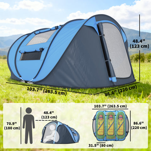 Image of 4 Person Camping Tent, Easy Pop Up Tent with Doors, Windows and Carry Bag, Automatic Setup Tent for Hiking, Blue