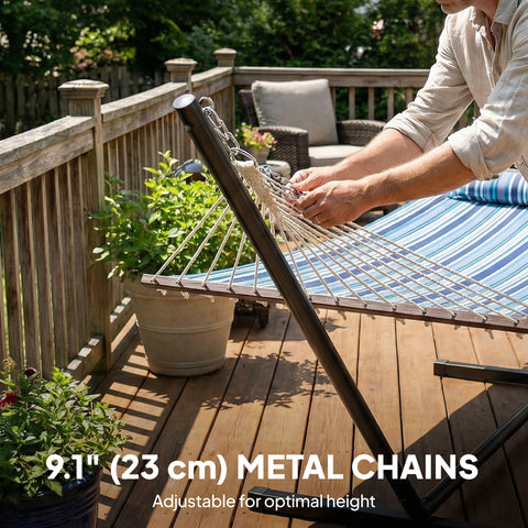 Image of Hammock with Stand Heavy Duty Camping Hammock with Steel Frame for Patio Backyard Blue and White