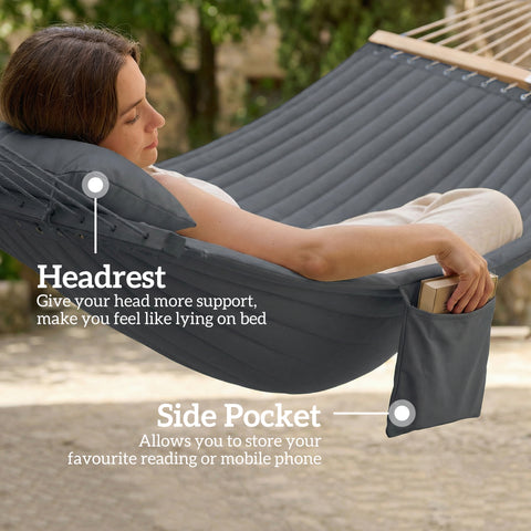 Image of Outdoor Hammock Padded Camping Hammock with Pillow & Spreader Bars 200 x 140 cm Grey
