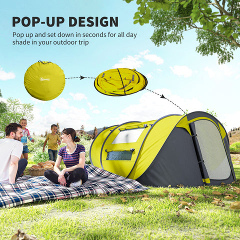 Image of 4 Person Camping Tent, Easy Pop Up Tent with Doors, Windows and Carry Bag, Automatic Setup Tent for Hiking, Yellow
