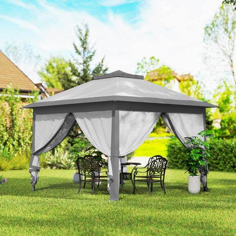 Image of 11' x 11' Pop Up Gazebo, Double Roof Foldable Height Adjustable Canopy Tent with Mesh Sidewalls, Carrying Bag, Grey