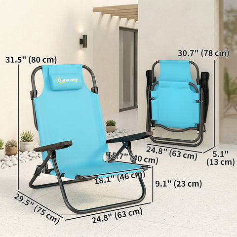 Image of Set of 2 Beach Chair 5-Position Adjustable Folding Camping Chair with Headrest Armrests Light Blue