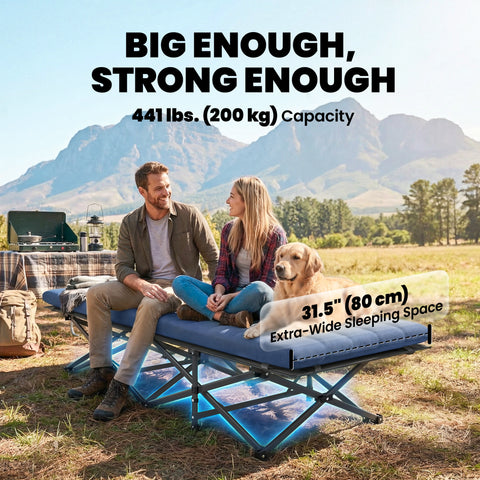 Image of Camping Cot with Soft Pad, 32" Extra Wide Folding Cots with Non-Slip Feet and Carry Bag, Blue