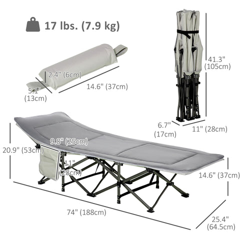 Image of Folding Camping Cot with Mat & Pillow, Double Layer Oxford Heavy Duty Sleeping Cot with Carry Bag Light Grey