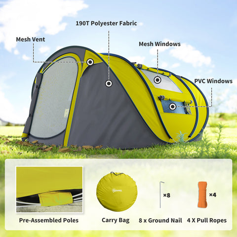 Image of 4 Person Camping Tent, Easy Pop Up Tent with Doors, Windows and Carry Bag, Automatic Setup Tent for Hiking, Yellow