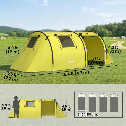 Image of 3-4 Person Camping Tent with 2 Rooms, 3000mm Waterproof Portable Family Tent with Carry Bag, Yellow