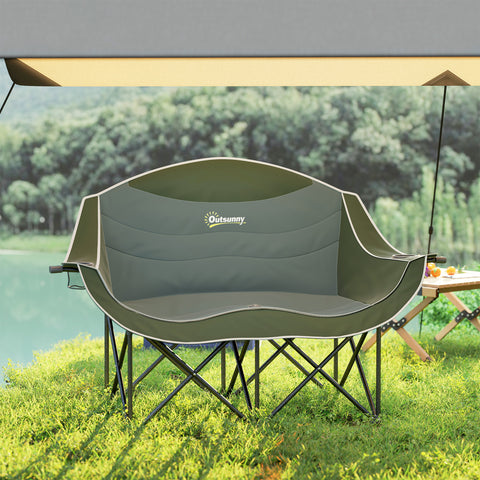 Image of Portable Camp Chair, Double Camping Chair with Cup Holders and Carry Bag, Support 551 lbs, Dark Green
