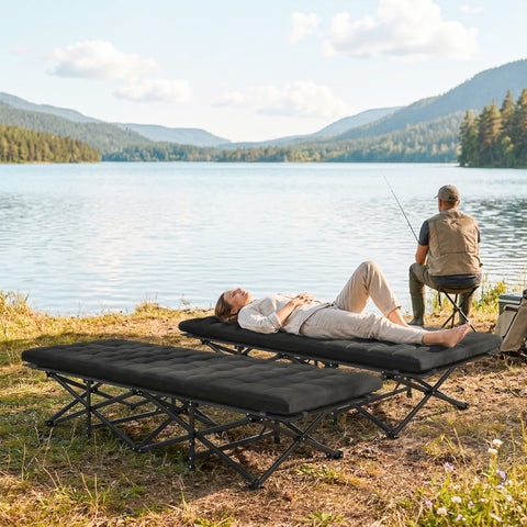 Image of Set of 2 Camping Cot with Soft Pad, 32" Extra Wide Folding Cots with Non-Slip Feet and Carry Bag, Black
