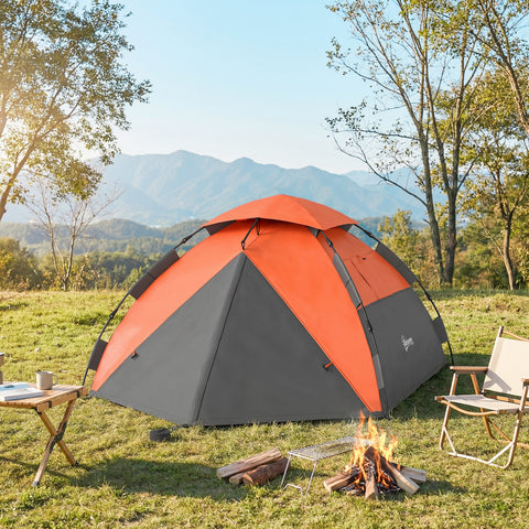 Image of Pop up Camping Tent, 3-4 Man Family Tent, 3000mm Waterproof, with Carry Bag and Top Hook, Dark Grey and Orange