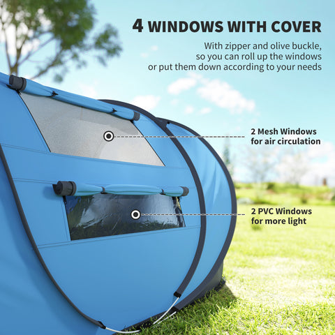 Image of 4 Person Camping Tent, Easy Pop Up Tent with Doors, Windows and Carry Bag, Automatic Setup Tent for Hiking, Blue