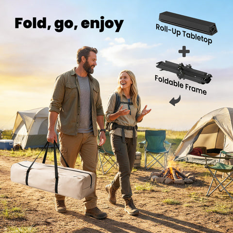 Image of 4ft Folding Camping Table, Waterproof Picnic Table with Roll Up Top and Metal Frame, Black