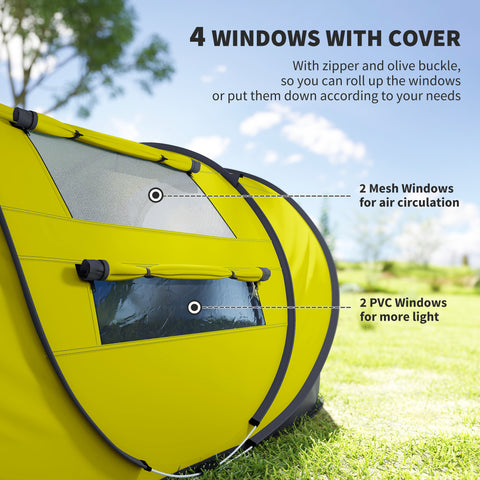 Image of 4 Person Camping Tent, Easy Pop Up Tent with Doors, Windows and Carry Bag, Automatic Setup Tent for Hiking, Yellow