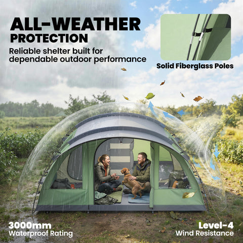 Image of Multi-Room Camping Tent for 5 Person, Easy Set up Large Family Tent with 4 Windows, Porch, Light Green
