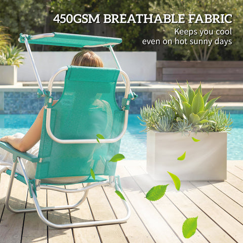 Image of 2 Piece Folding Beach Chairs with Adjustable Canopy, 6-Position Reclining Lounge Chair with Headrest, Turquoise