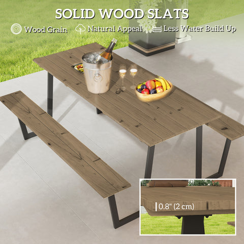 Image of 5.7 FT Outdoor Picnic Table with 2" Umbrella Hole, Spruce Wood Dining Table and 795 LBS Benches with Steel Frame, Brown