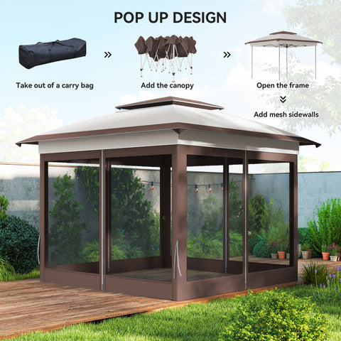 Image of 12' x 12' Pop Up Canopy Sun Shade Instant Tent Folding with Mesh Sidewalls, Beige and Dark Brown