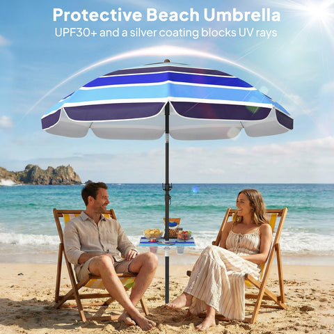 Image of Beach Umbrella Adjustable Tilt Sunshade with Foldable Table Cup Holder 78" Multicolor