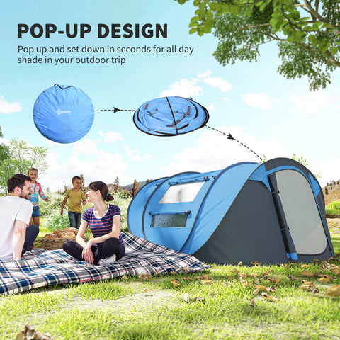 Image of 4 Person Camping Tent, Easy Pop Up Tent with Doors, Windows and Carry Bag, Automatic Setup Tent for Hiking, Blue