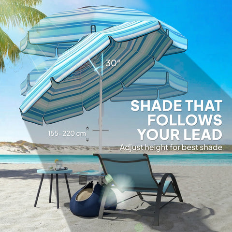 Image of 6 ft Portable Beach Umbrella with Foldable Table, Tilting Outdoor Sun Shade with Sand Anchor, Sandbag, Dark Blue