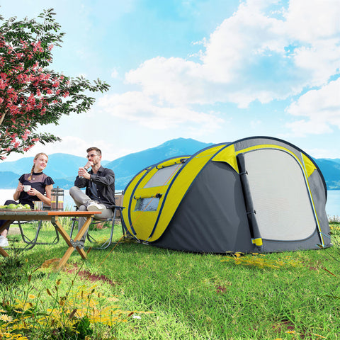 Image of 4 Person Camping Tent, Easy Pop Up Tent with Doors, Windows and Carry Bag, Automatic Setup Tent for Hiking, Yellow