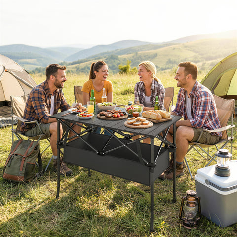 Image of 3ft Folding Camping Table, Picnic Table with Mesh Storage Net, Carrying Bag and Metal Frame, Black