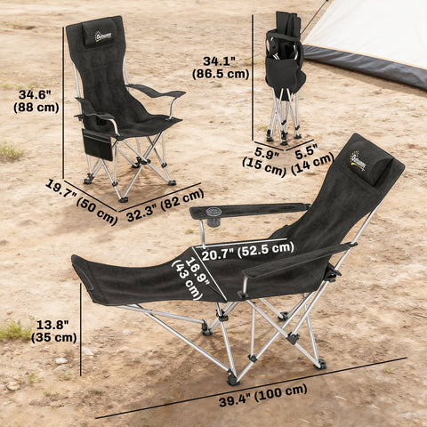 Image of Set of 2 Reclining Camping Chair with Foot Rest, Folding Camping Chair w/ Headrest, Cup Holder, Storage Bag, Black