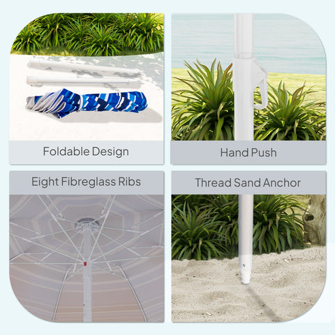Image of 70.9" Dia. Portable Beach Umbrella, UV 50+ Ruffled Outdoor Umbrella with Adjustable Tilt Multicolor