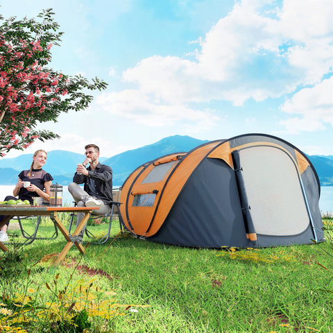 Image of 4 Person Camping Tent, Easy Pop Up Tent with Doors, Windows and Carry Bag, Automatic Setup Tent for Hiking, Orange