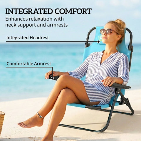 Image of Set of 2 Beach Chair 5-Position Adjustable Folding Camping Chair with Headrest Armrests Light Blue
