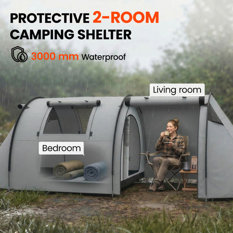 Image of 3-4 Person Camping Tent with 2 Rooms, 3000mm Waterproof Portable Family Tent with Carry Bag, Grey