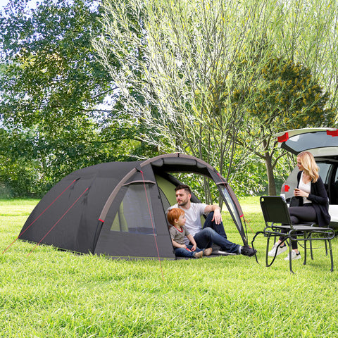 Image of 2-4 Man Camping Tent, 3000mm Waterproof Tunnel Tent with 2 Rooms, Sewn-in Groundsheet, 3 Doors and Hook