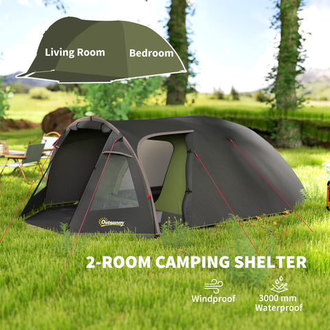 Image of 2-4 Man Camping Tent, 3000mm Waterproof Tunnel Tent with 2 Rooms, Sewn-in Groundsheet, 3 Doors and Hook