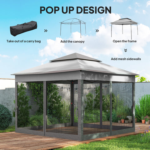 Image of 11' x 11' Pop Up Canopy 2-Tier Soft Top Shelter Event Tent w/ Netting Carry Bag for Patio Backyard Garden, Mixed Grey