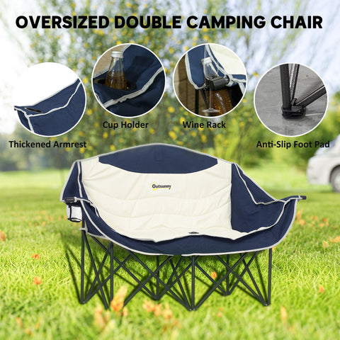 Image of Portable Camp Chair, Double Camping Chair with Cup Holders and Carry Bag, Support 551 lbs, Navy Blue