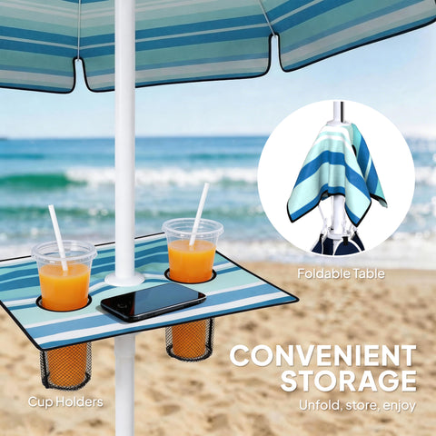 Image of 6 ft Portable Beach Umbrella with Foldable Table, Tilting Outdoor Sun Shade with Sand Anchor, Sandbag, Dark Blue