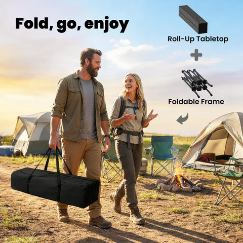 Image of 3ft Folding Camping Table, Picnic Table with Mesh Storage Net, Carrying Bag and Metal Frame, Black