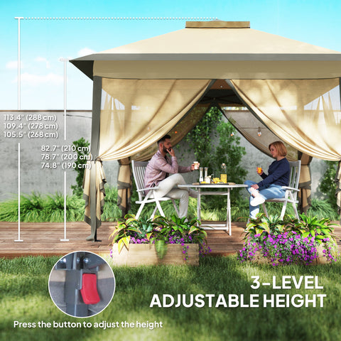 Image of 11' x 11' Pop Up Gazebo, Double Roof Foldable Height Adjustable Canopy Tent with Mesh Sidewalls, Carrying Bag, Beige