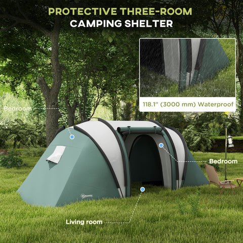Image of Camping Tent with 2 Bedrooms and Living Area, 3000mm Waterproof Family Tent, for Fishing Hiking Festival, Army Green