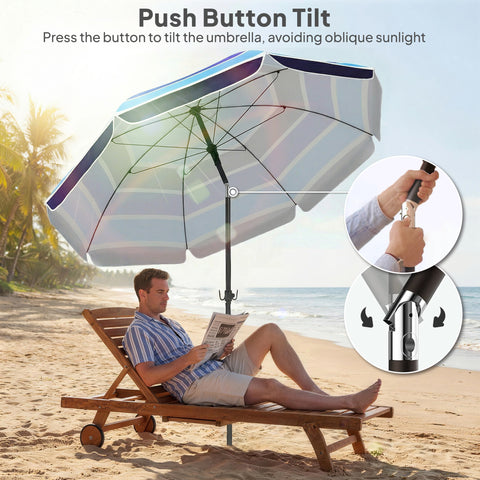 Image of Beach Umbrella Adjustable Tilt Sunshade with Foldable Table Cup Holder 78" Multicolor